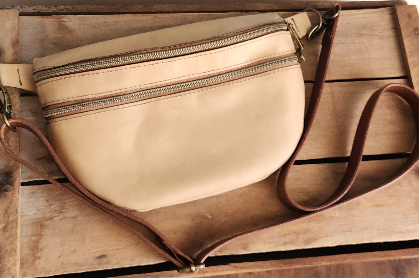 Double pocket light tan large sling bag