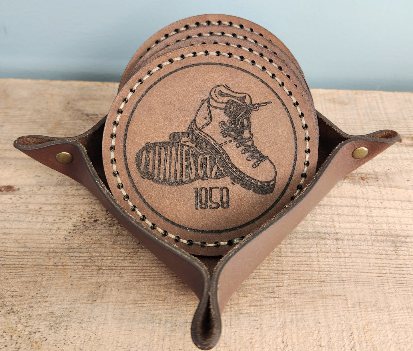 Minnesota coasters with leather holder