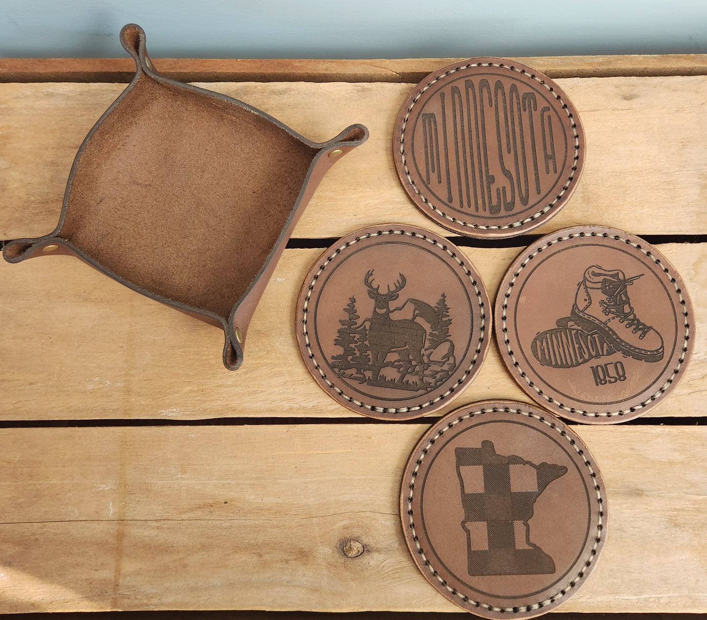 MN coasters with leather holder