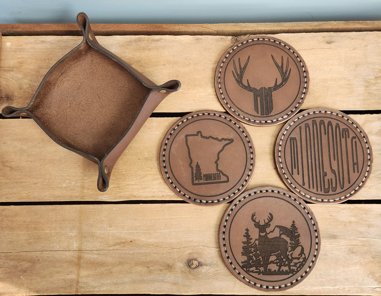 MN coasters with leather holder