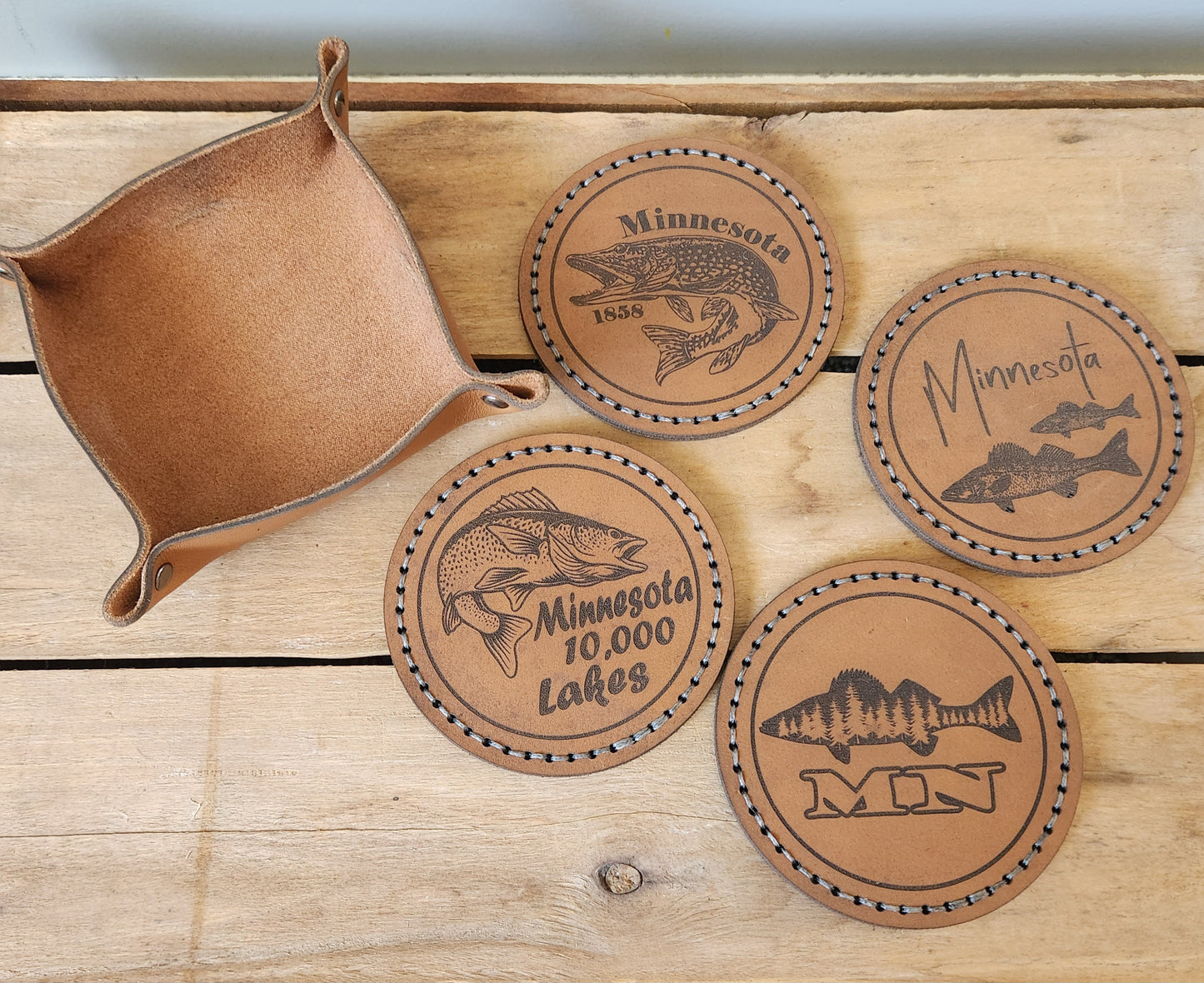 Minnesota fish coaster set and holder