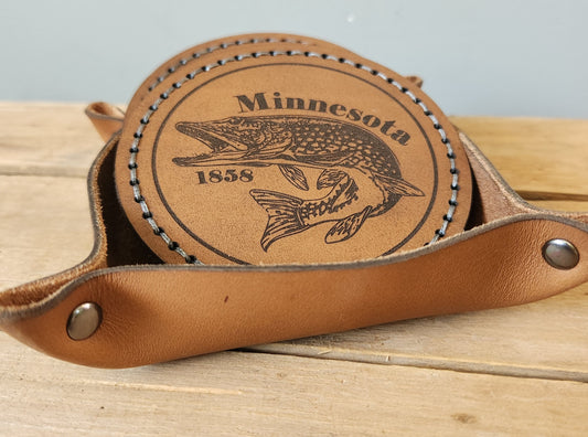 Minnesota fish coaster set and holder