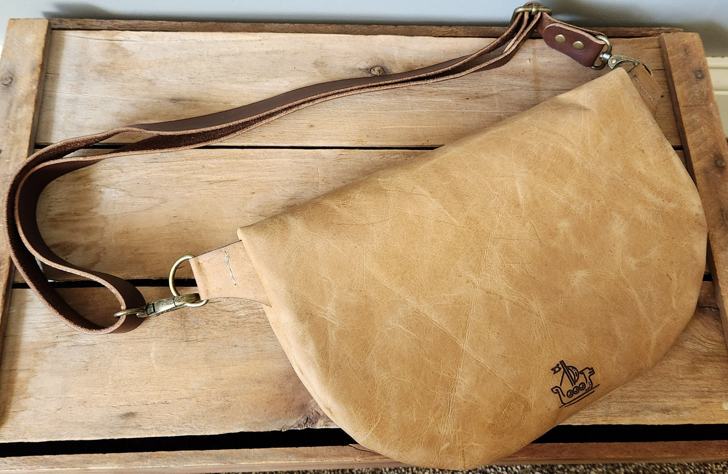 Soft camel large leather sling bag