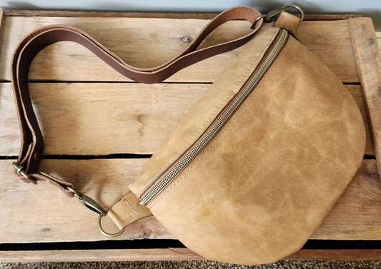 Soft camel large leather sling bag