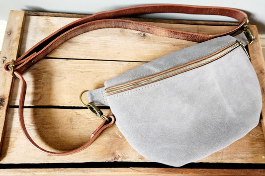 Grey suede large sling bag