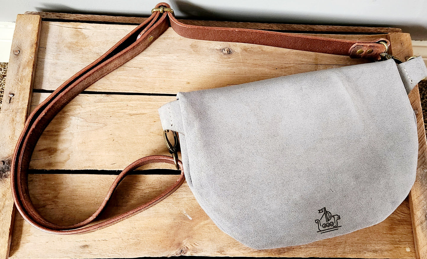 Grey suede large sling bag