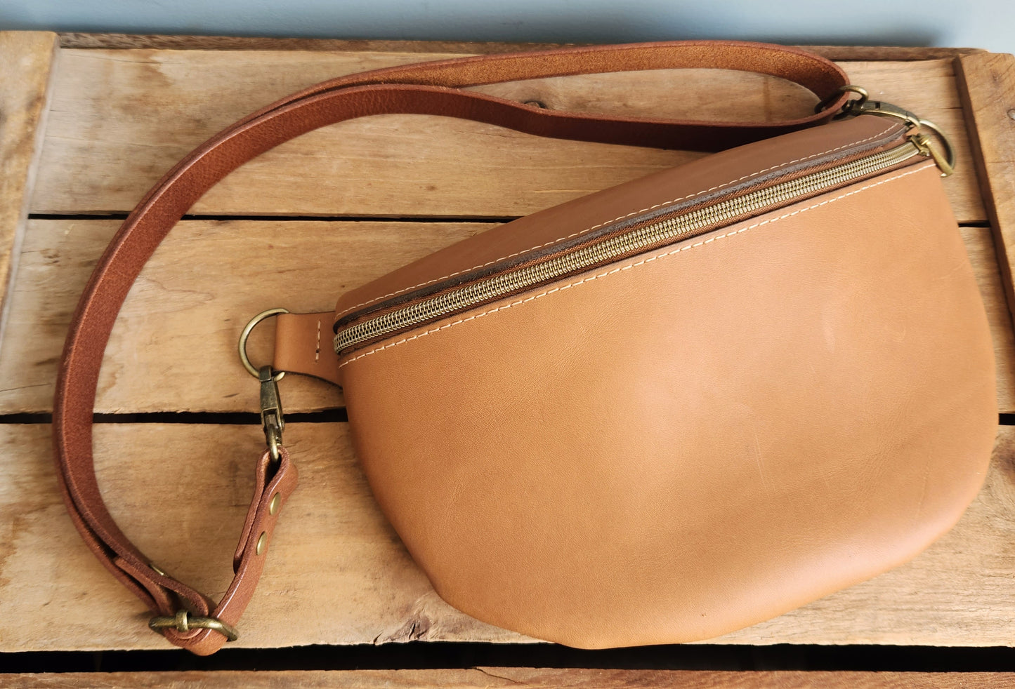 Honey brown large leather sling bag