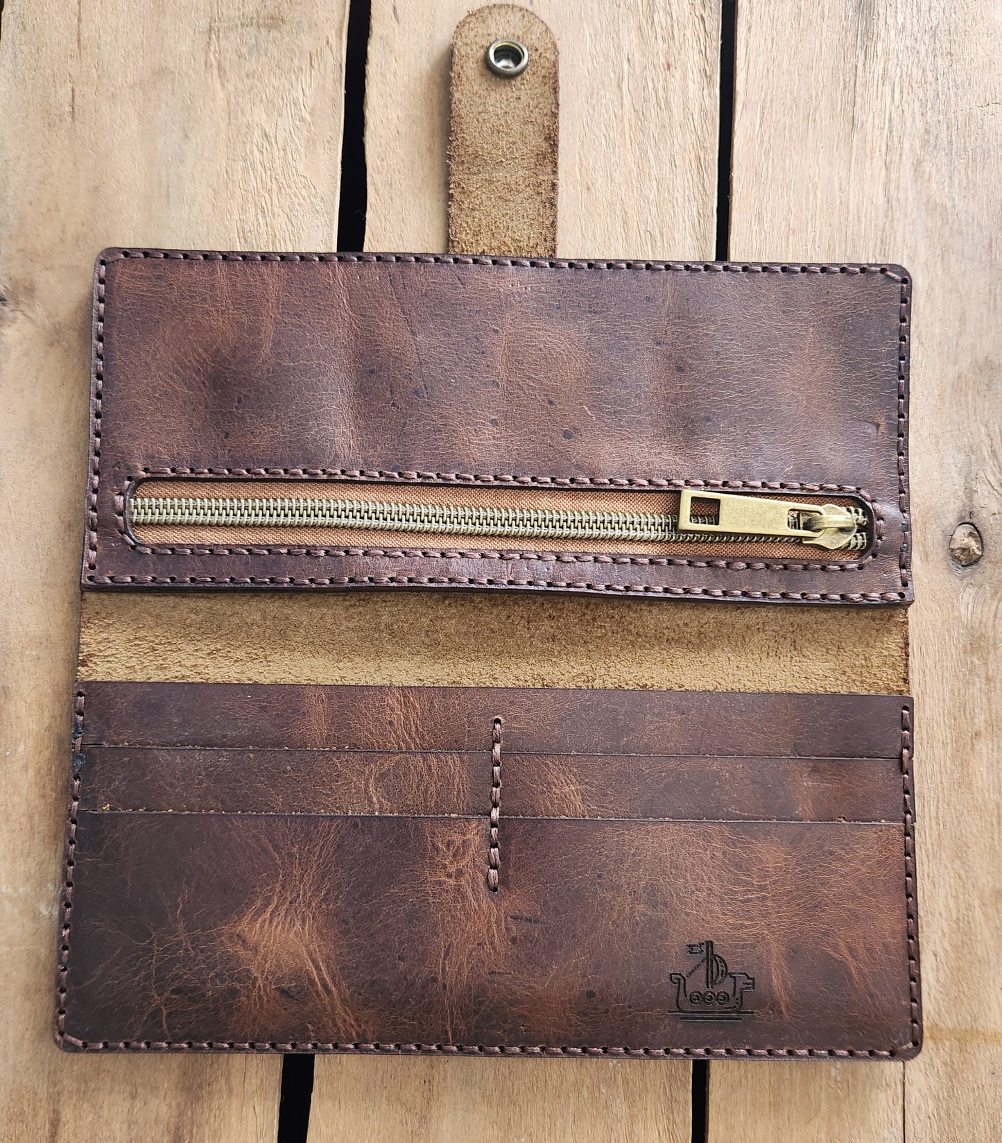 Derby brown long wallet with zipper pocket