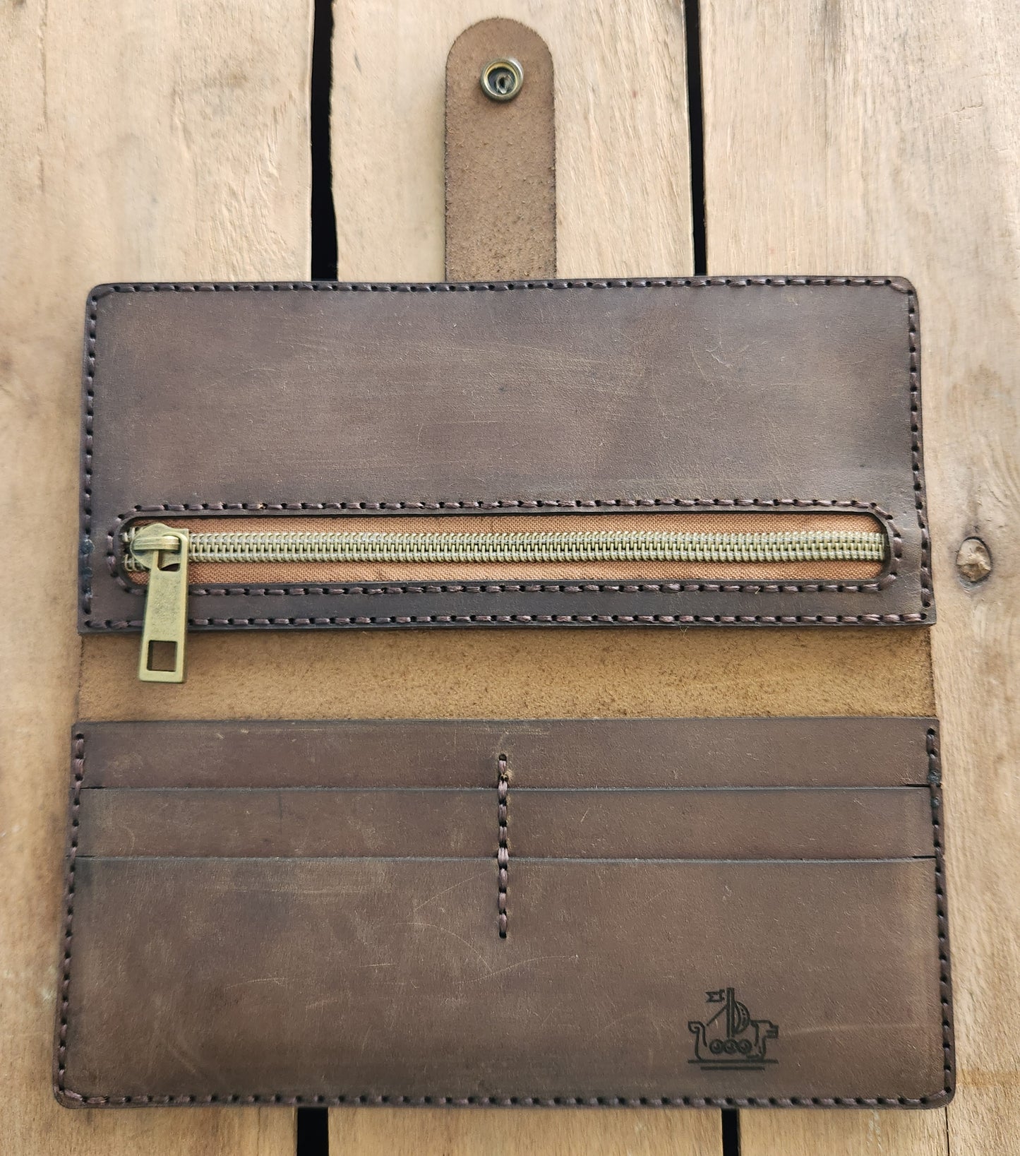 Rustic brown long wallet with zipper pocket