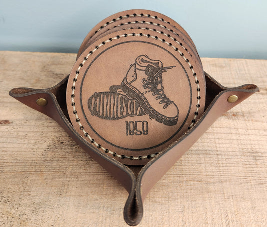 Minnesota coasters with leather holder