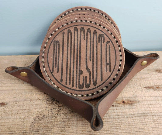 MN coasters with leather holder